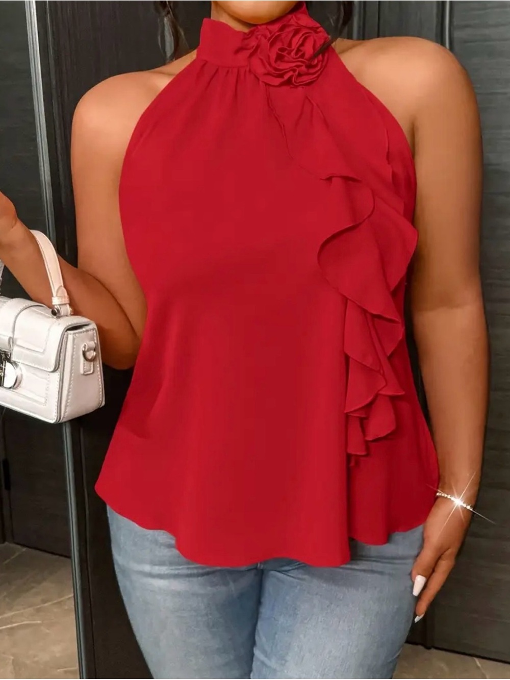 Elegant Red Halter Ruffle Top